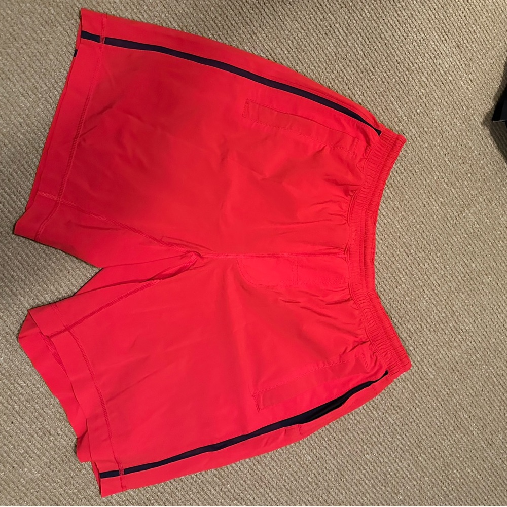 Lululemon Mens Pace Breaker Lined Short 7" in for red w navy stripe